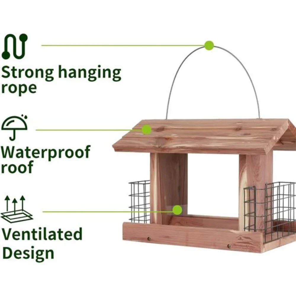 US Cedar Hopper Bird Feeder for Outdoors Hanging, Handcrafted Wood